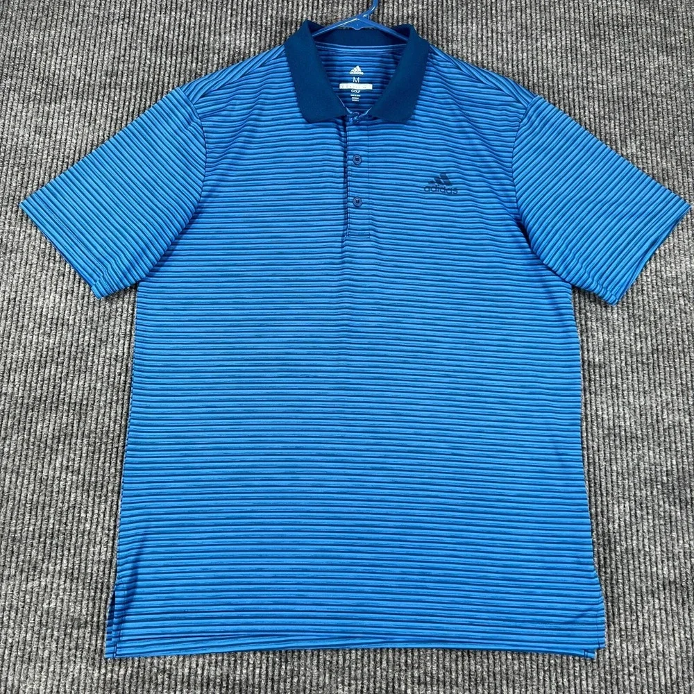 Adidas Polo Shirt Mens Medium Blue Striped Short Sleeve Golf Outdoor Casual